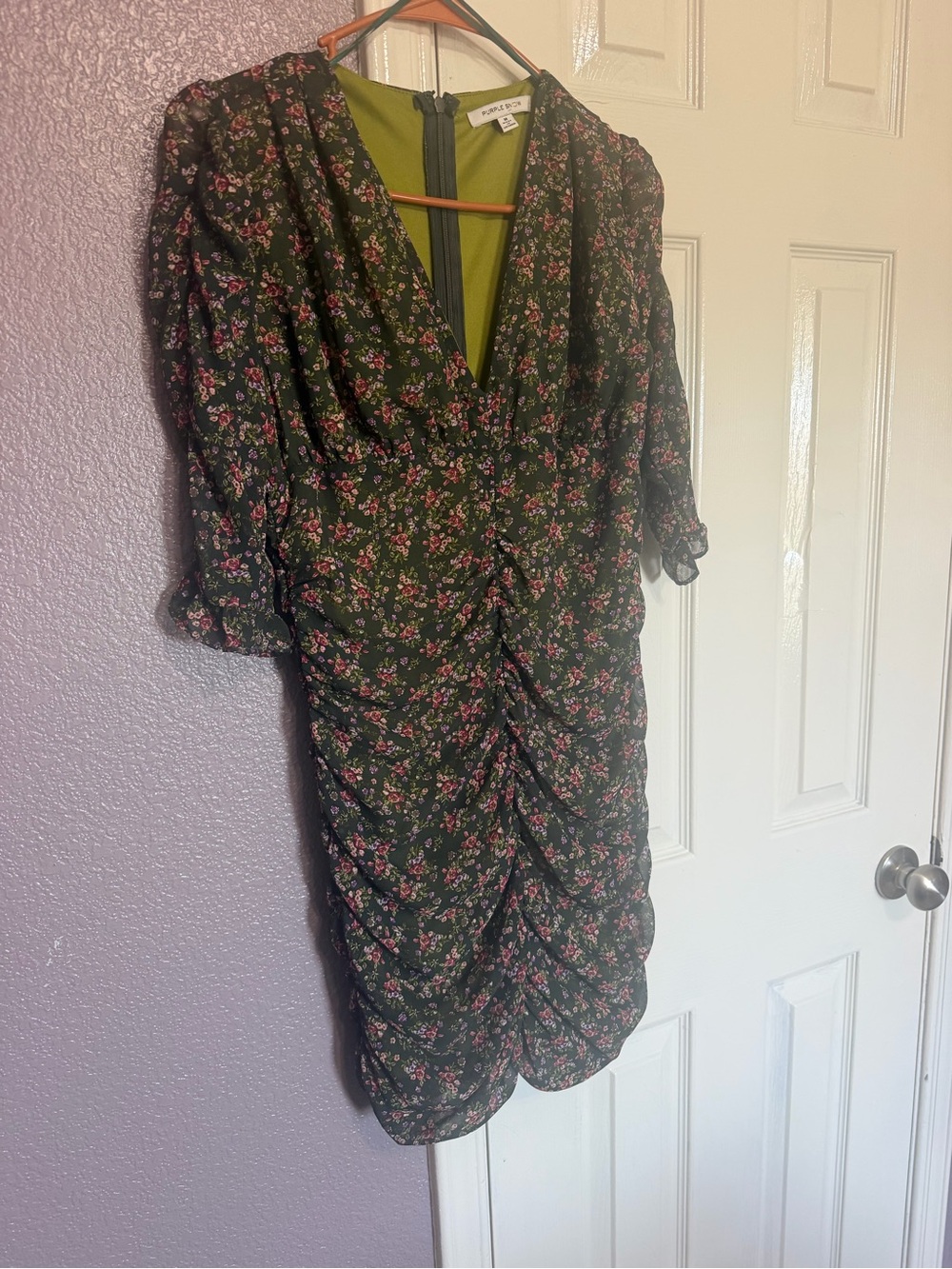 Purple Snow Olive Green Floral Ruched V-Neck Mini Dress